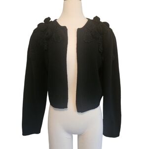 VINTAGE HERITAGE HOUSE CROTCHET FLOWER EMBELLISHED WOOL BLACK CARDIGAN SIZE M